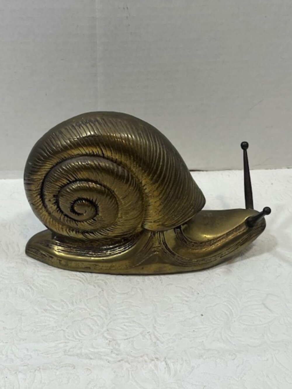 VTG 80's Heavy Solid Brass Snail Figurine Detailed Textured Spiral Shell 7.25"